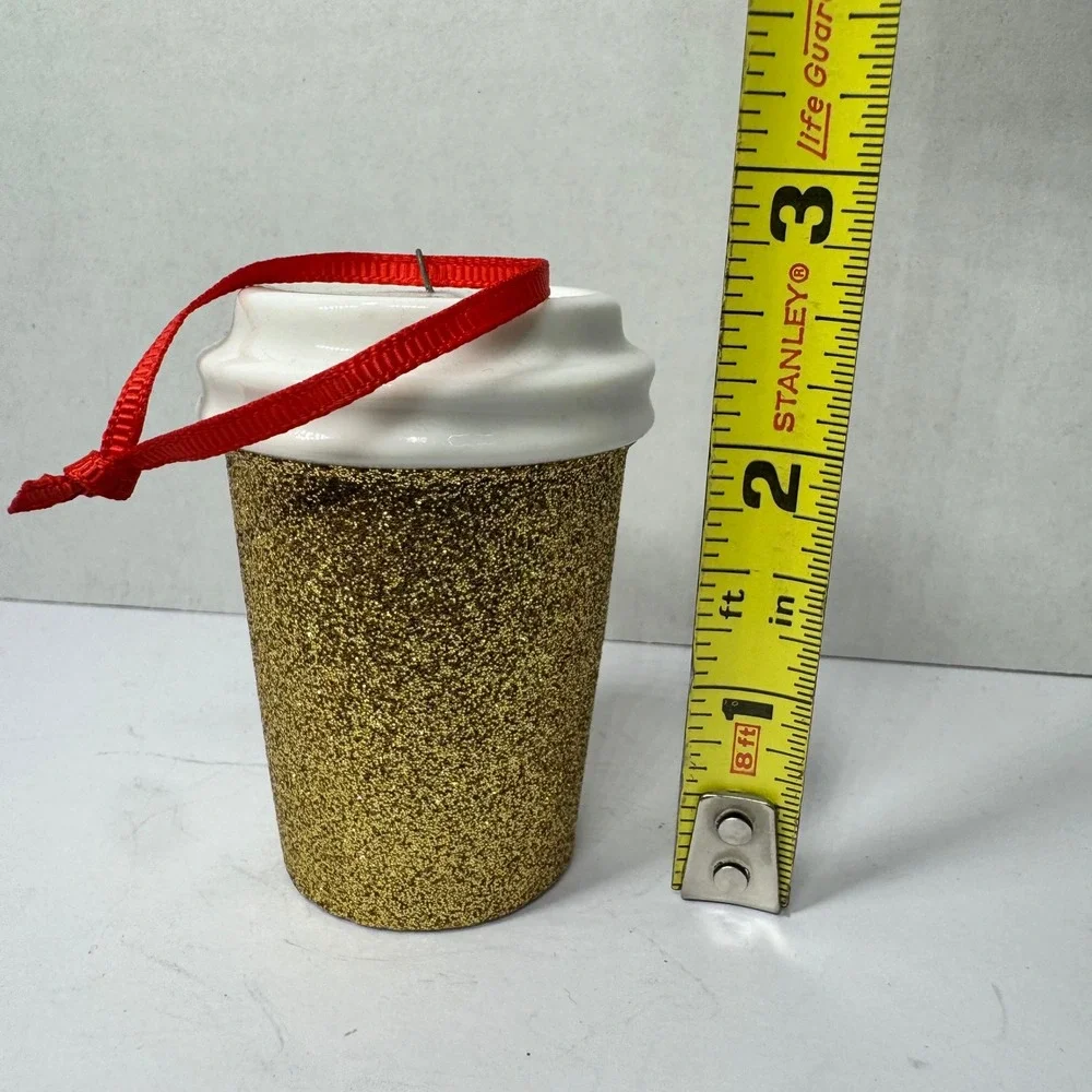 Starbucks 2018 Gold Glitter Coffee‎ Cup Ceramic Christmas Ornament 2.5 Inches EC